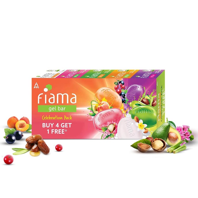 Fiama Gel Bar Celebration Pack with 5 unique Gel Bars, with skin conditioners for moisturized skin, 125g soap (Buy 4 get 1 Free) - Image 1